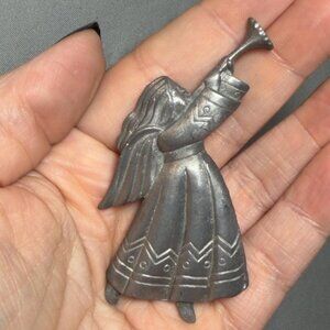 Angel Brooch Silver Tone Guardian Angel Figural Pin Vintage Style 3”